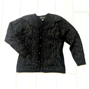 Classiques Entier Button Front Cardigan Sweater Lambwool Embroidered Black Large